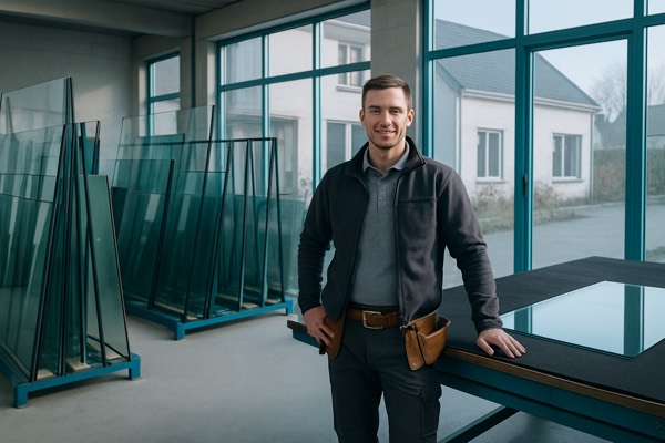 Glasplaten in het atelier van de glazenmaker — Glazenmaker Victor